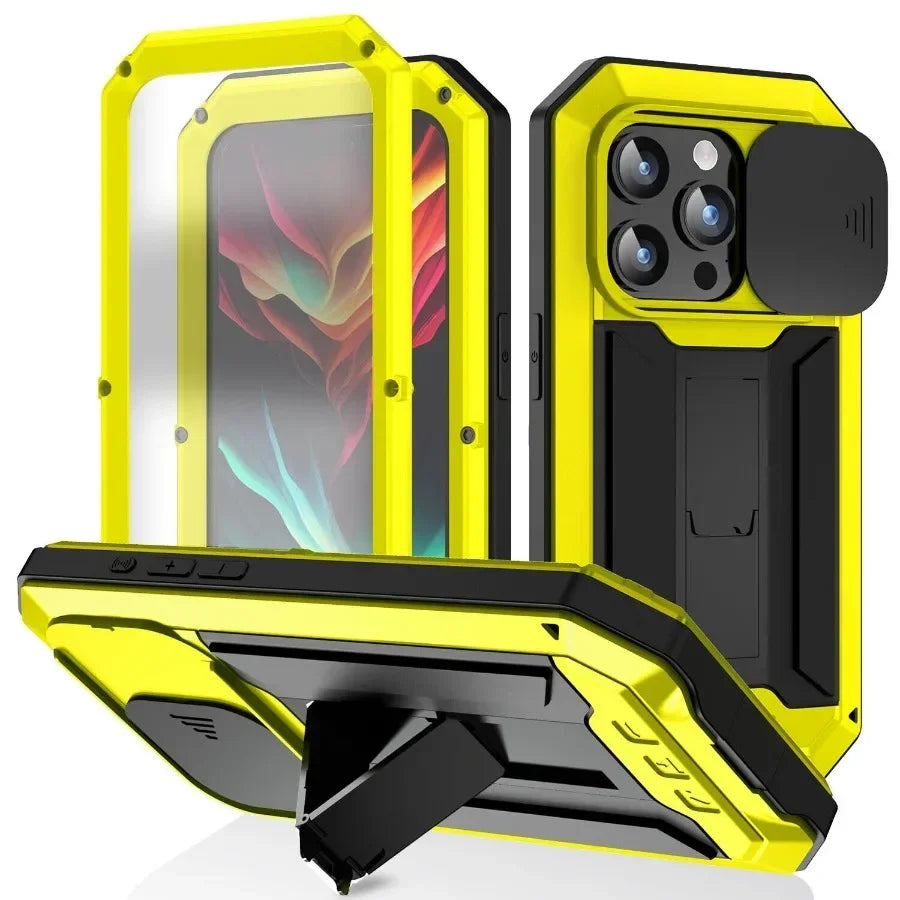 Aluminum Metal Case for iPhone Air 17 Pro Max 16e 16 15 Military Armor Shockproof Slide Lens Cover Heavy Duty Glass Screen Protector