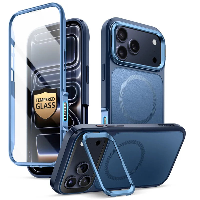 Magnetic Phone Case for iPhone 17 Pro Max Full-Body Cover with Tempered Glass Screen Protector & Stand	