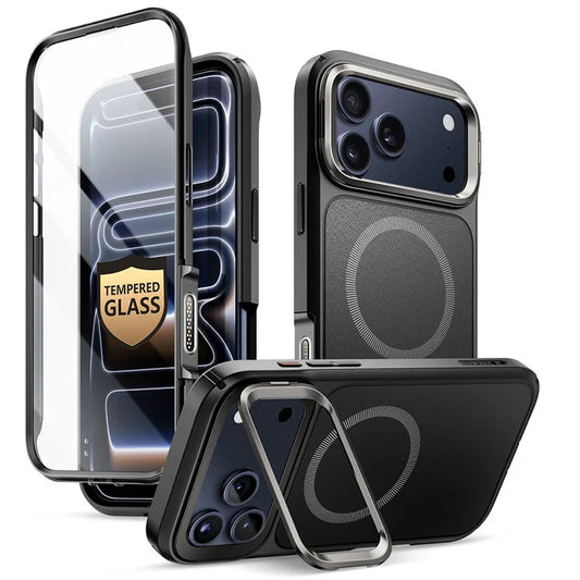 Magnetic Phone Case for iPhone 17 Pro Max Full-Body Cover with Tempered Glass Screen Protector & Stand	