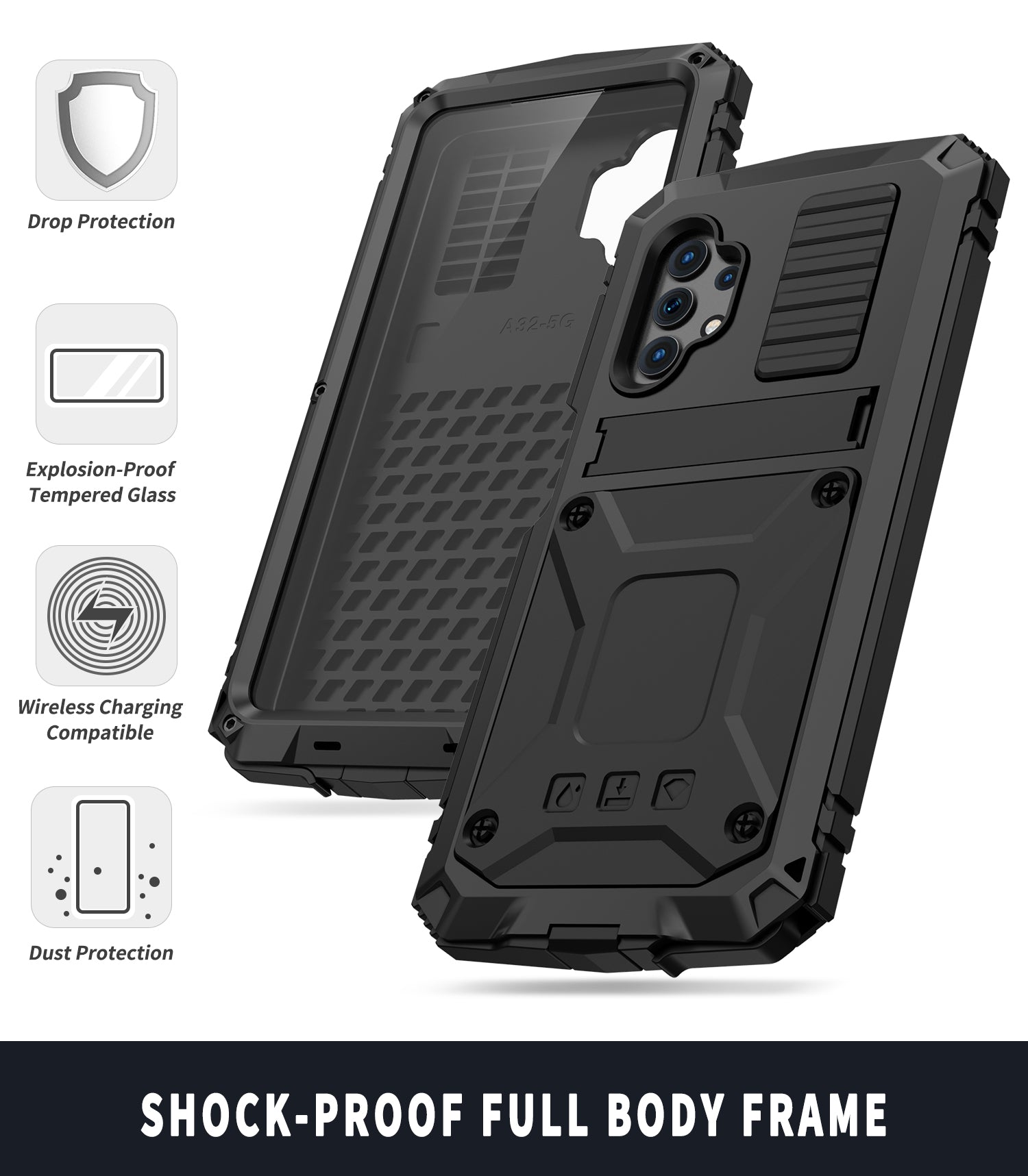Luxus Samsung Galaxy A32 Milit?r Handyh¨¹lle 4G 5G Robuste R¨¹stung Sto?fester 360-Grad Kameraschutz Heavy Duty Case
