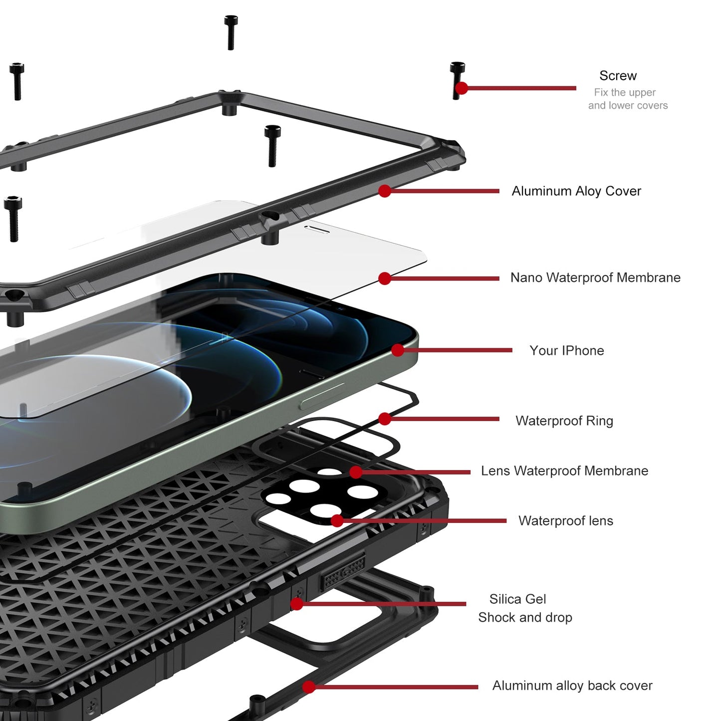 Luxury IP68 Waterproof Apple iPhone 12 Pro Max Gorilla Case Milit?ry Safeguard Outdoor Heavy Duty Metal Armor Cover
