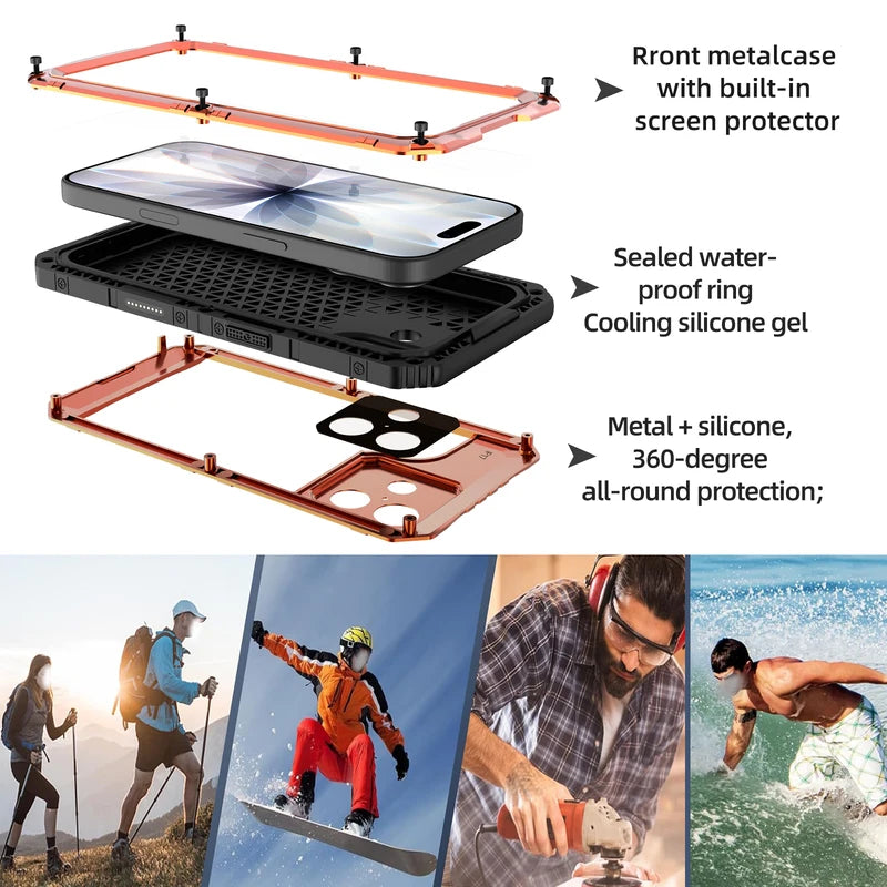 IP68 Wasserdichte Hülle für iPhone 17 Pro Max 16 Plus 15 14 Air Heavy Duty Handyhülle Stoßfeste Metallabdeckung Gehärtetes Glas Displayschutzfolie