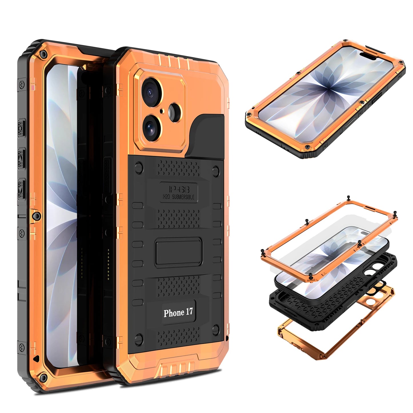 IP68 Wasserdichte Hülle für iPhone 17 Pro Max 16 Plus 15 14 Air Heavy Duty Handyhülle Stoßfeste Metallabdeckung Gehärtetes Glas Displayschutzfolie