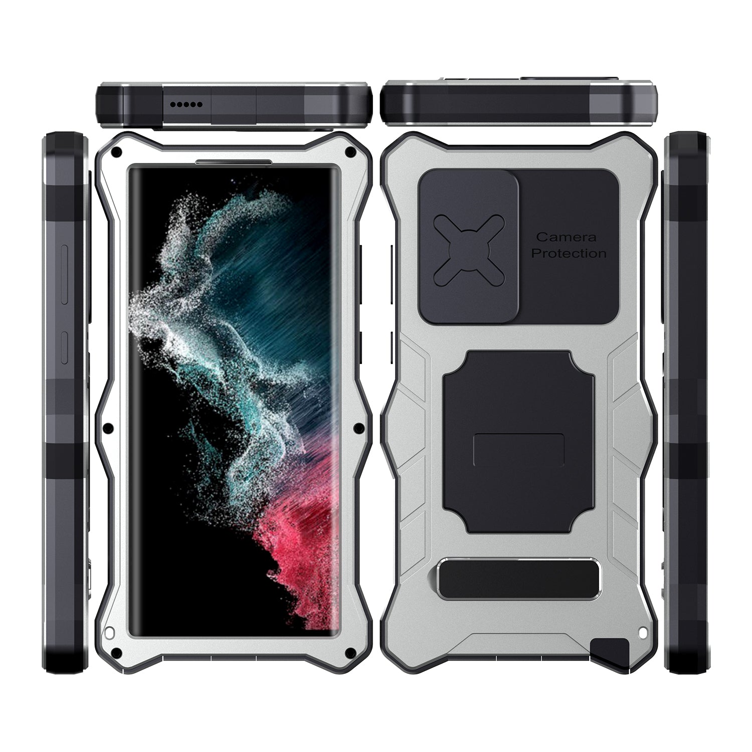 Luxury Samsung S22 Ultra Milit?ry Case Impact Resistant Bumper Galaxy S22 Plus Metal Silicone Slide Camera Lens Pretection Cover Phone Kickstand