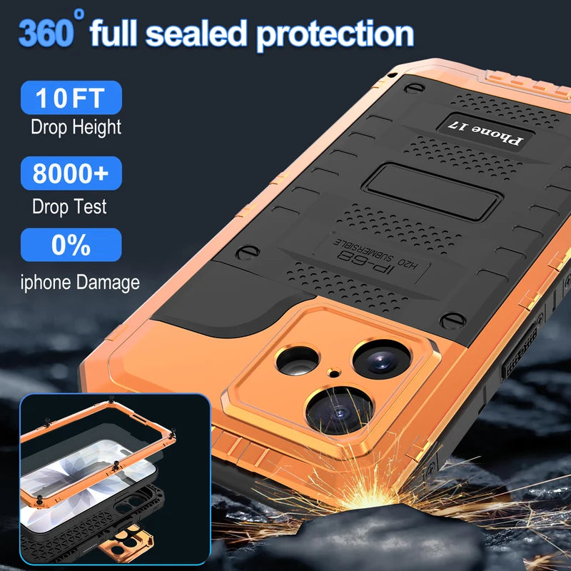 IP68 Waterproof Case for iPhone 17 Pro Max 17 Pro 17 Air Heavy Duty Shockproof Metal Cover Glass Screen Protector	